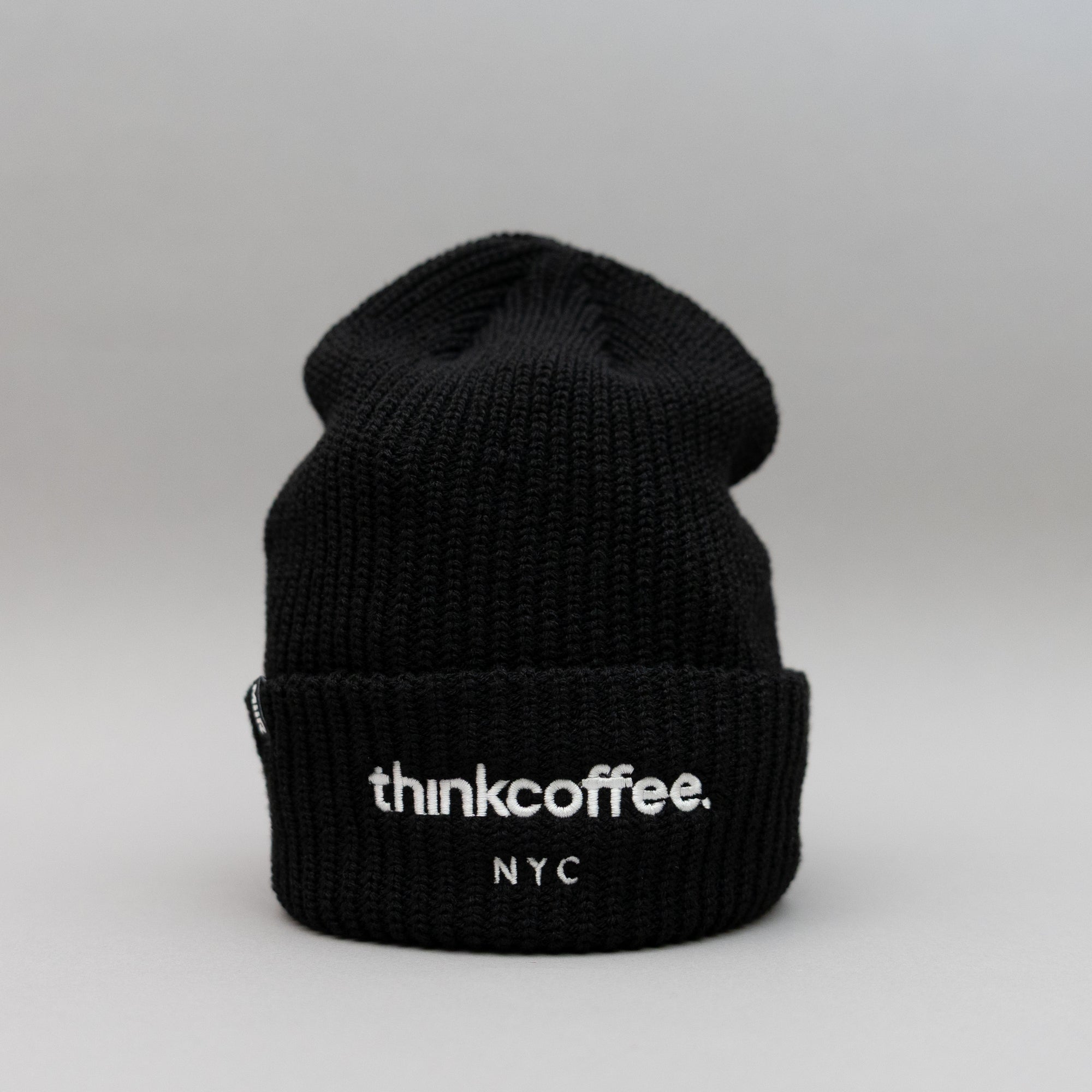 Black beanie with 'thinkcoffee. NYC' branding