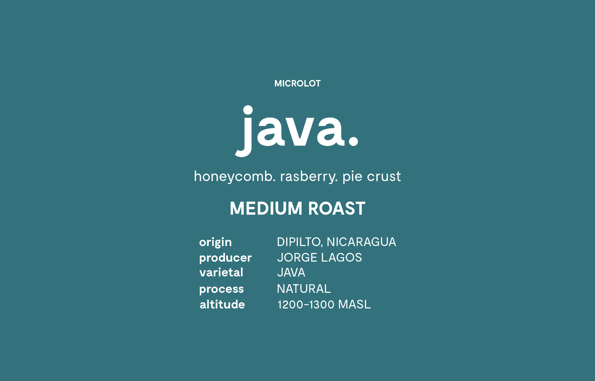 Coffee label for 'java.' with roast details on a teal background