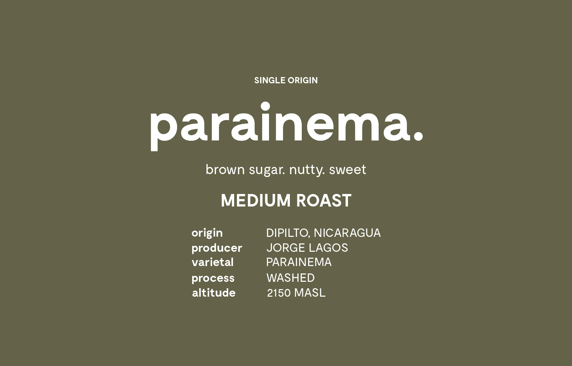 Coffee label for 'parainema' with roast and origin details on a green background