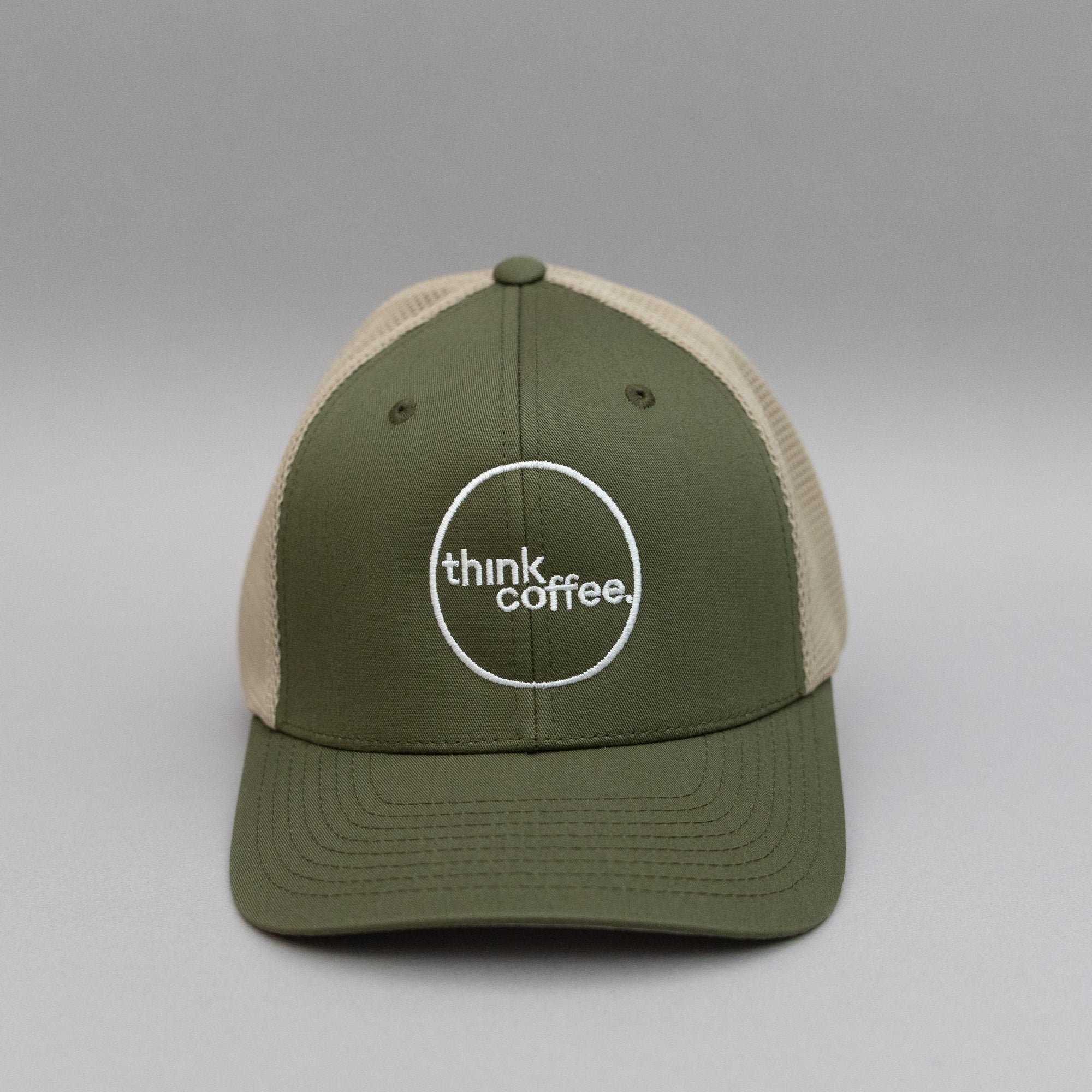 Green and beige cap with 'think coffee' logo