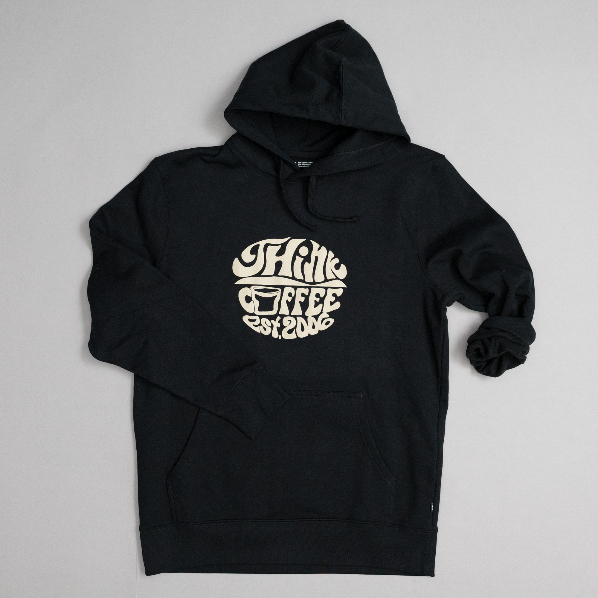 Black hoodie with white text on a gray background
