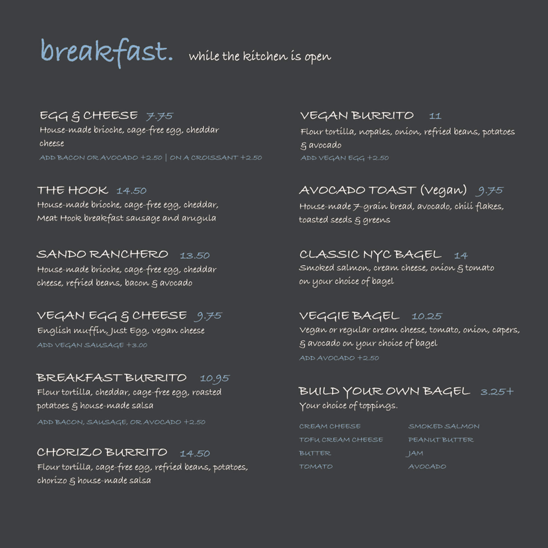 ThinkCoffee Cafe Breakfast menu with various options and prices on a chalkboard background