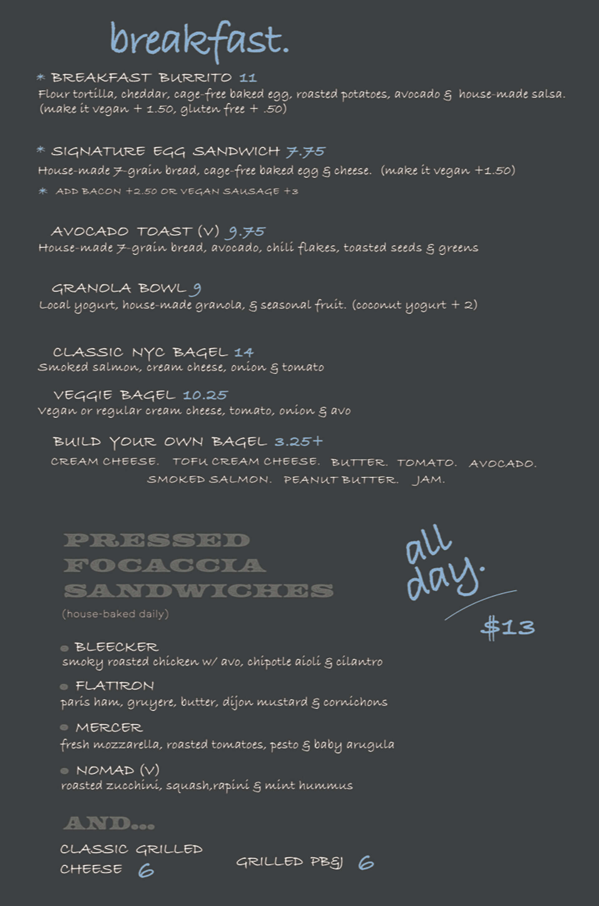 Menu with breakfast and pressed focaccia sandwiches on a dark background