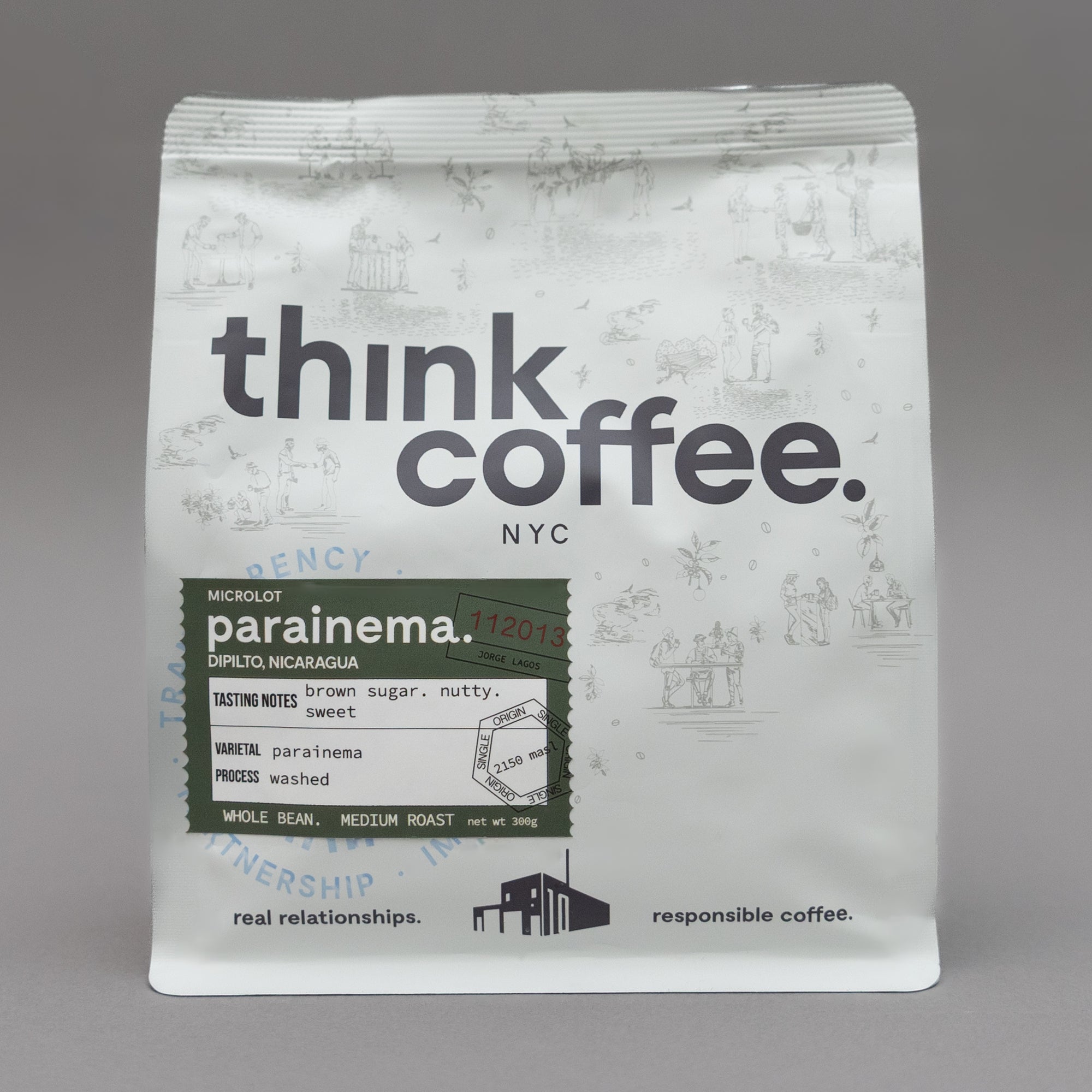 Think Coffee NYC coffee bag with Parainema coffee details on a gray background